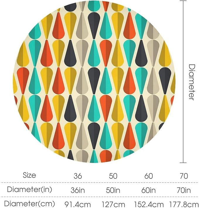 Vintage Bohemian Mid Century Round Tablecloth, Retro 50s 60s Geometric Pattern Print Tablecloth for Home Party Dining Room Kitchen Decor 60Inch(152cm)