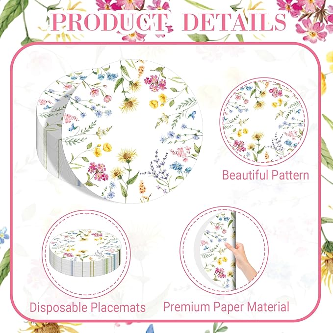 50 PCS Disposable Floral Paper Placemats - Watercolor Wildflower Round Placemat Spring Summer Table Mats for Home Kitchen Dinner Table Dining Party Decoration