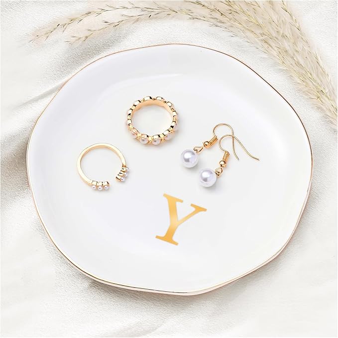 ProCase Ceramic Jewelry Tray, Initial Ring Dish Trinket Plate Engagement Gift, Small Personalized Monogram Ring Bowl for Wedding, White Decorative Jewelry Holder for Women Vanity -Letter Y