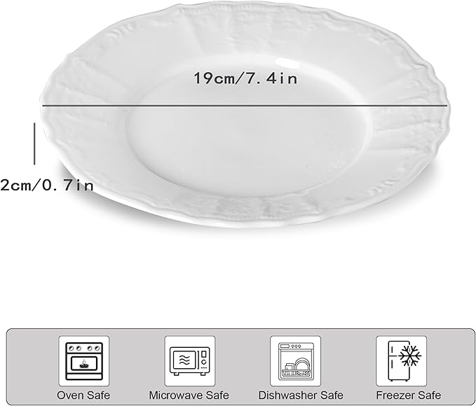Embossed Ceramic Appetizer & Dessert Plates, 7.5 inch Small Salad Plate, Small White Plates for Cake Waffles Snacks Side Dish, Round Dinnerware Sets, Dishwasher & Microwave Safe - Set of 8
