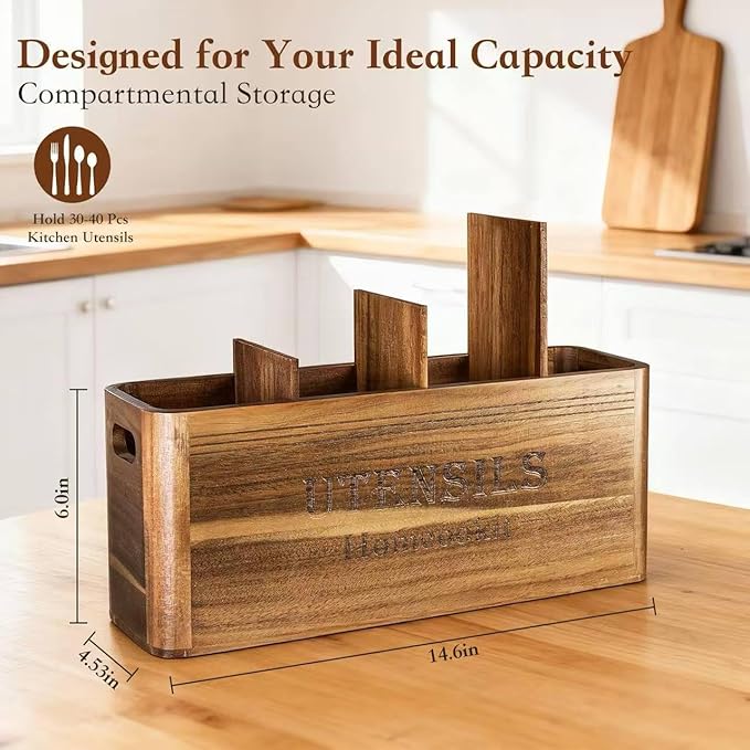 Utensil Holder for Kitchen Countertop, Extra Large Acacia Wood Organizer, 4-Compartment Storage for Cooking Tools, Farmhouse-Style Cutlery Holder