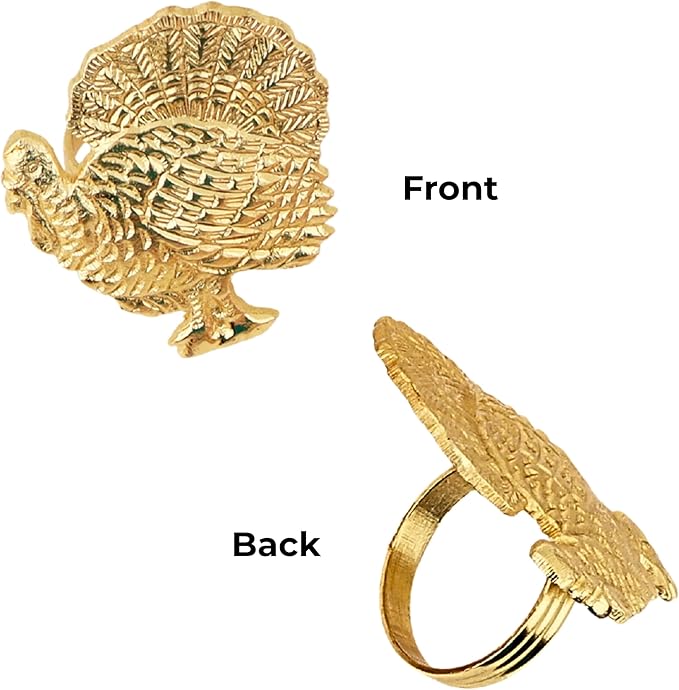 Napkin Rings Set of 12, Metal Napkin Holder Cuffs for Dinner Table Décor, Thanksgiving Turkey Bird Farmhouse Modern Serviette Rings for Christmas, Weddings, Receptions, Gold - CLEENTABLE