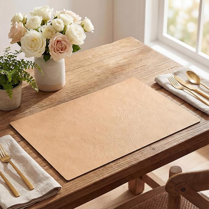 Artoid Mode Pink Faux Leather Placemats Set of 4, 12x18 Inch Waterproof Wipeable Heat Resistant Vinyl Place Mats, Reversible Table Mats for Spring Kitchen Dining Decor