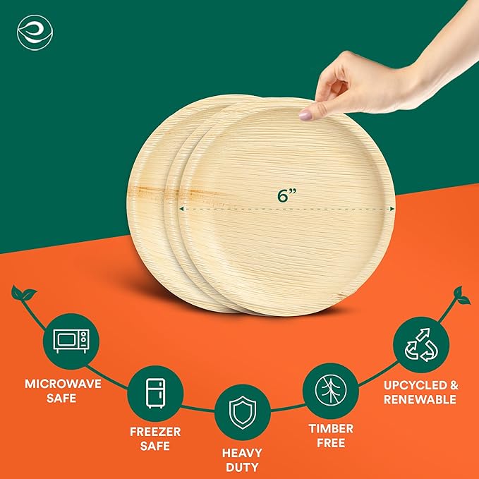 ECO SOUL Palm Leaf Plates 6" Round (200 Count) - Disposable, Eco-Friendly, Biodegradable Bamboo Appetizer Plates - Perfect Dinnerware for Parties, Weddings, Events & Holidays