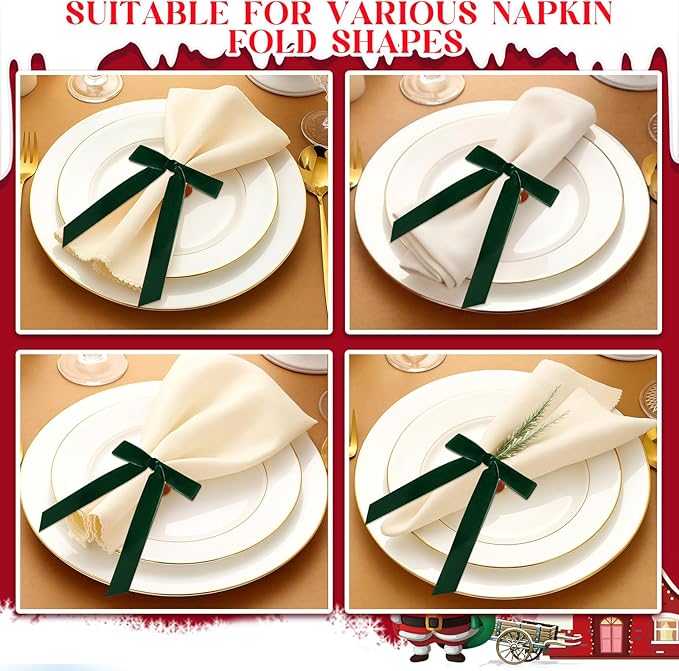 Riceshoot Velvet Bow Napkin Rings Bows with Gold Semicircle Metal Napkin Ring Velvet Bow Holder for Wine Bottles Table Settings Candlestick Wedding Valentine's Day Dinner(Green,12 Pcs)