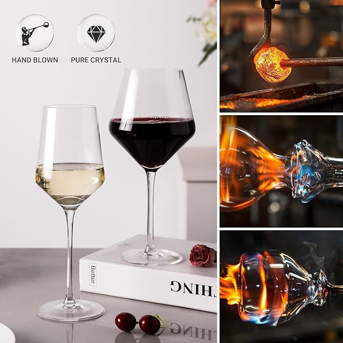 Physkoa Wine Glass Set of 4 – 2 Red Wine (23oz) & 2 White Wine (14oz) Hand-Blown Crystal Glasses with Corkscrew, Perfect for Christmas, Wedding & Housewarming Gifts