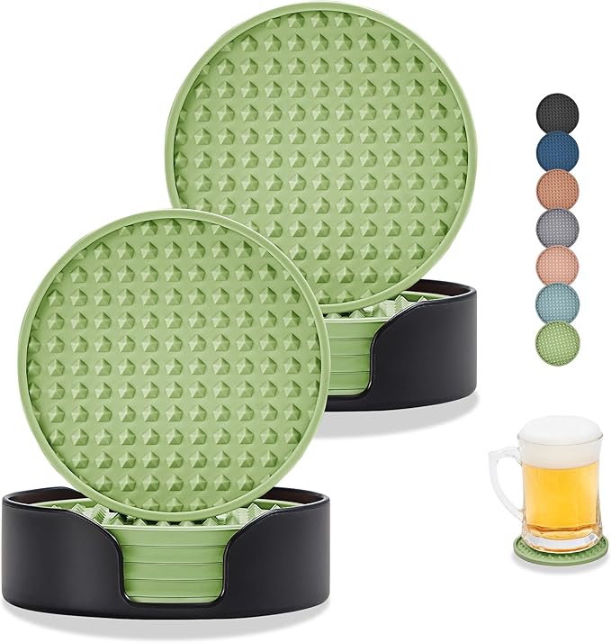 Coasters for Drinks, Silicone Coasters Set of 12 with ABS Holder, Outdoor Coaster for Coffee Table, Non-Slip Rubber Table Cup Mat Desk, Heat Resistant & Scratch-Proof (Green)