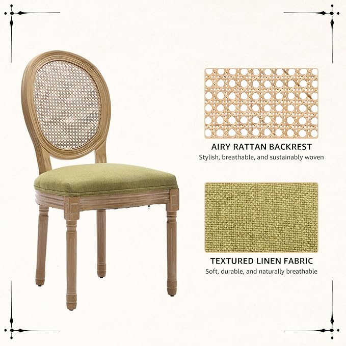 Vintage French Rattan Dining Chairs Set of 4, Round Back Accent Chairs with Rattan Backrest and Upholstered Linen Seat, Solid Frame Wood Sillas de Comedor for Dining Room & Kitchen, Olive Green