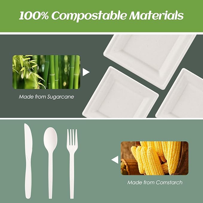 Compostable Disposable Paper Plates Set -[300 Pcs]10 inch 8 inch Heavy Duty Biodegradable Square Plates and Spoons,Forks,Knives,Napkins-Eco-Friendly Party Bulk