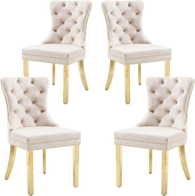 KCC Velvet Dining Chairs Set of 4, Upholstered High-end Tufted Dining Chair with Nailhead Back Ring Pull Trim Stainless Steel Legs, Contemporary Nikki Collection Modern Style for Kitchen, Beige