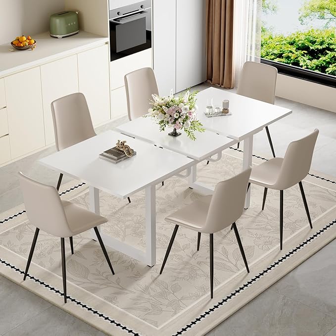 Extendable Dining Table Set for 4, 55"–71" Modern White Kitchen Table with 4 Upholstered Chairs, Space-Saving for Living Room Apartment, Sturdy & Comfortable, Easy Assembly