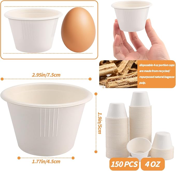 LeonBach 150 Pack 4oz Natural Bagasse Fiber Sauce Cups, Compostable Small Disposable Paper Dipping Bowls Biodegradable Condiment Portion Sample Snack Charcuterie Serving Tasting Cups, White