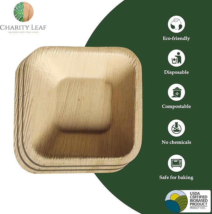 Charity Leaf Disposable Palm Leaf 2.5" Square Mini Bowl (400 pcs) Dipping Bowls | Bamboo Like| All Natural and Biodegradable | Charcuterie Boards, BBQs, and Parties