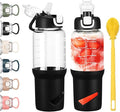 SIEROZUR 32 oz Glass Tumbler with Straw, Glass Water Bottles with 2 Lids-Handle Spout Lid & Straw Lid, 1 Liter Motivational Water Bottles, Silicone Sleeve, Fits Car Cup Holder,Black