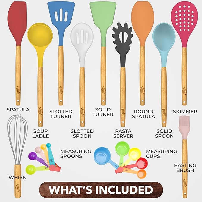 Kitchen Utensils Set, 21 Wood and Silicone Cooking Utensil Set, Non-Stick and Heat Resistant Kitchen Utensil Set, Kitchen Tools