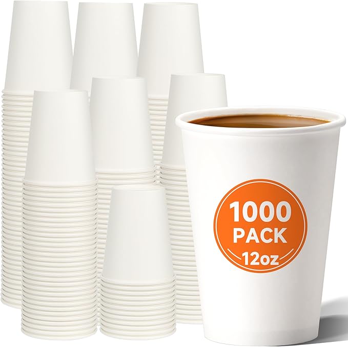 12 oz Disposable Paper Coffee Cups [1000 Pack], White Hot Paper Cups, Thickened Design for Bistros, Parties, and Events