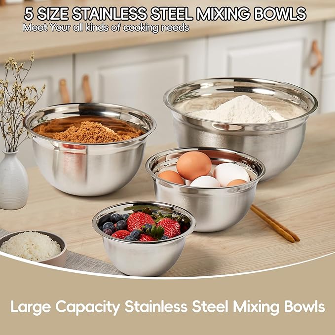 Mixing Bowls Set, 25PCS Khaki Mixing Bowls With Lids Set Stainless Steel Kitchen Large Nesting Metal Bowl 7QT to 1.5QT, Measuring Cups and Spoons for Prepping Cooking Serving