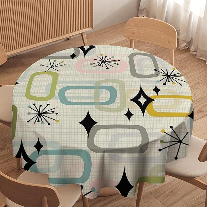 Mid Century Modern Round Tablecloth, Geometry Bohemian Retro Abstract Tablecloth for Home Party Dining Room Kitchen Decor 70Inch(178cm)