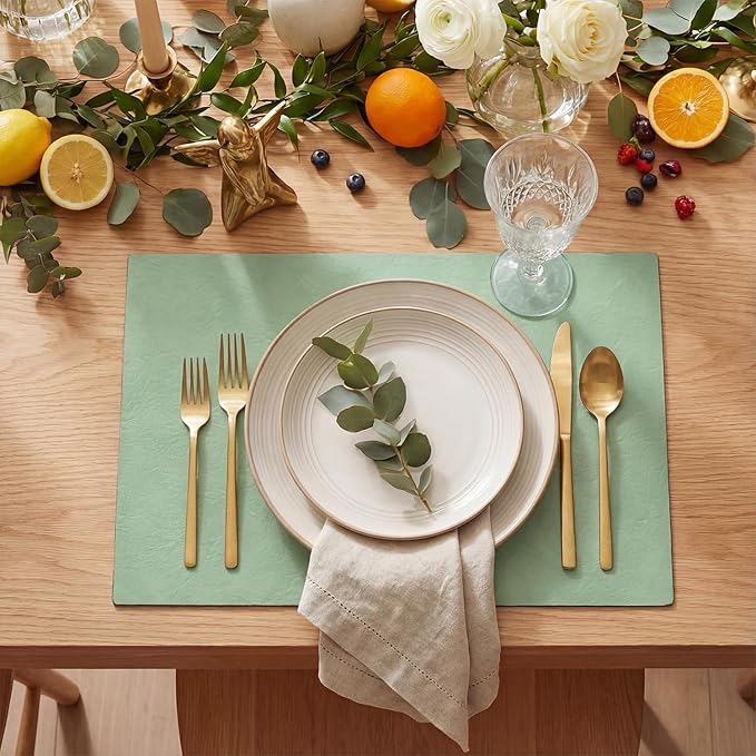Artoid Mode Sage Faux Leather Placemats Set of 4, 12x18 Inch Waterproof Wipeable Heat Resistant Vinyl Place Mats, Reversible Table Mats for Spring Kitchen Dining Decor