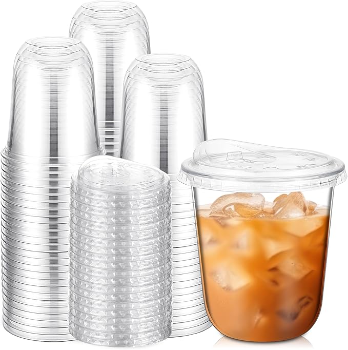 100 Sets 12 oz Clear Plastic Cups with Strawless Sip Lids, Thickened Clear Disposable Plastic Pet Crystal Cups for Iced Coffee, Smoothie, Cold Beverage, Drink Shops and Party Catering