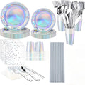 Iridescent Party Supplies, Holographic Paper Plates and Napkins Set, Rainbow Disposable Paper Plates Cups Knives Spoons Fork Straw for Birthday Wedding Party Serve 25 (Iridescent)