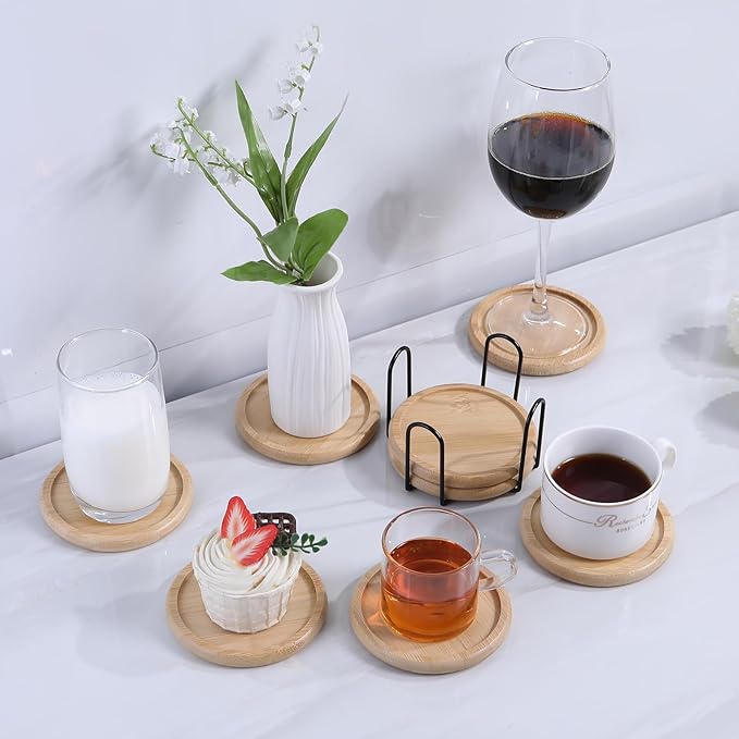 Bamboo 4 inch coaster [12pcs] Coasters with Holder - Drinking Coasters - Cup Mat for Drinks - Live for Hot or Cold Drink - Non-slip and non-stick,Suitable for Kinds Cups and Living Room Decor