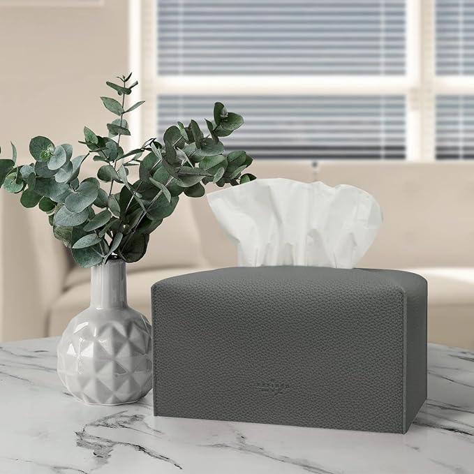 Carrotez Tissue Box Cover, [Refined] Modern PU Leather Rectangular Tissue Box Holder - Decorative Holder/Organizer for Bathroom Vanity Countertop, Night Stands, Office Desk 9.5"X5"X5" - Charcoal