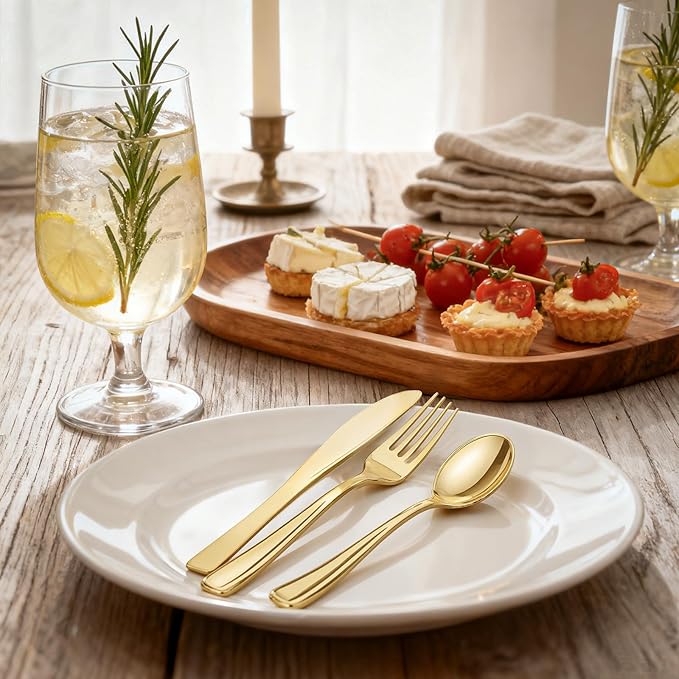 WDF 500PCS Gold Plastic Silverware Set Disposable - Gold Cutlery Set Plastic - 250Forks, 125 Spoons, 125 Knives for Birthday Wedding Valentine's Day