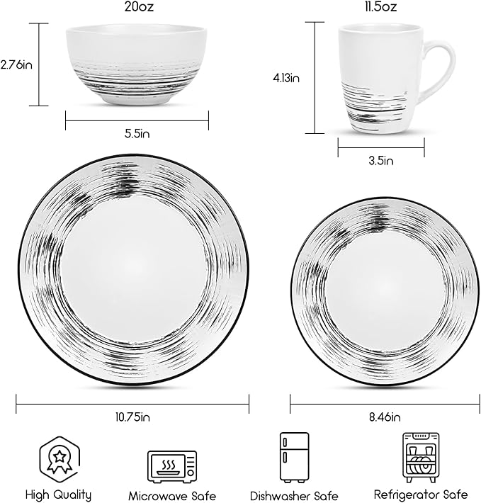 Homlouue 16 Pcs Stoneware Dinnerware Sets for 4, Porcelain Farmhouse Plates Bowls Mugs Set - Minimalist Chip Resistant Dish Set, Microwave & Dishwasher Safe in White and Black Thread