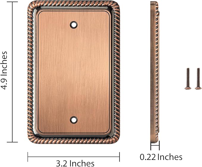 Henne Bery Rope Edge Decorative Wall Plate Switch Plate Outlet Cover (Single Blank, 2 Pack, Antique Copper)