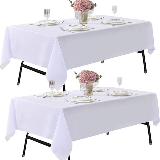 2-Pack 60x60 inch White Table Cloths, Solid Stain and Wrinkle Resistant Tablecloth, Premium Plain Weave Polyester Fabric Rectangle Table Linen Covers for Hotel, Banquet