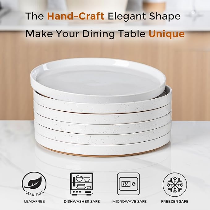 AmorArc Ceramic Dinner Plates Set of 6, 10.25 Inch Stoneware Plates for Kitchen,Modern Flat Dinnerware Dishes Set,Microwave& Dishwasher Safe, Scratch Resistant-White
