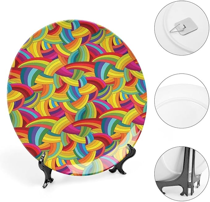 Decorative Plates, Abstract Decor Print Ornament, Colorful Rainbows Wheels Spiral Wavy Fashionable, 7 Inch, 1 Plate with 1 Display Stand, Multy
