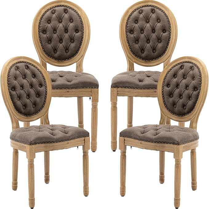 Vintage French Dining Chairs Set of 4, Round Back PU Leather Upholstered Accent Chairs with Nailhead Trim and Solid Wood Frame, Farmhouse Sillas de Comedor for Dining Room & Kitchen, Distressed Brown