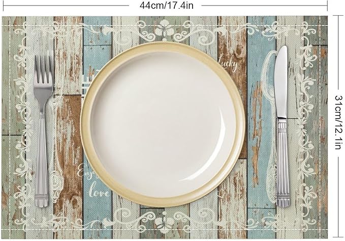Vintage Farmhouse Placemat Set, Green Blue Rustic Wooden Plank Art Sketch Cutlery Knife Fork Inspirational Quotes Pattern Home Decor Linen Table Mats for Dining Room Kitchen Party (17x12in) x2P