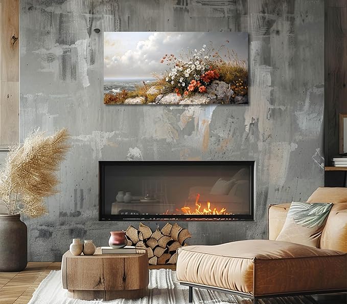 ADJUVANT Wall Art Vintage Coastal Floral Scene 48"L x 24"W, Seaside Wildflowers By The Ocean Canvas Painting Nature Artwork Coastal Blooms Prints Botanic Decor for Living Room Bedroom Bathroom Home Office