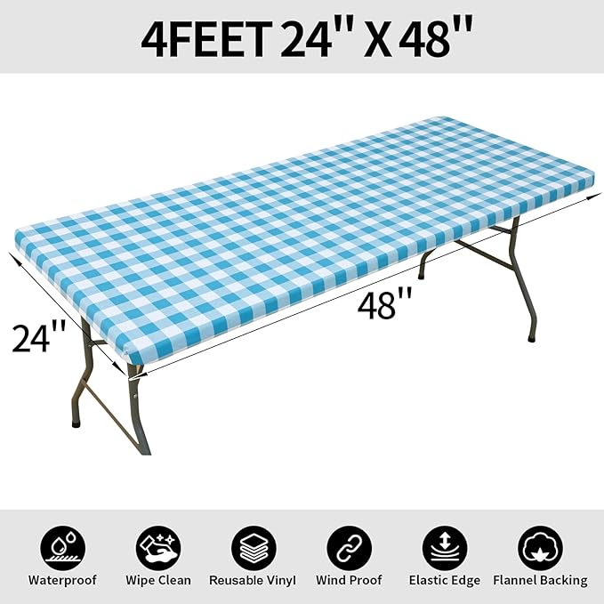 Smiry Rectangle Picnic Table Cloth, Elastic Waterproof Fitted Vinyl Tablecloths, Flannel Backed Buffalo Plaid Table Covers for Dining, Camping, Outdoor (White and Aqua, 36" x 60")