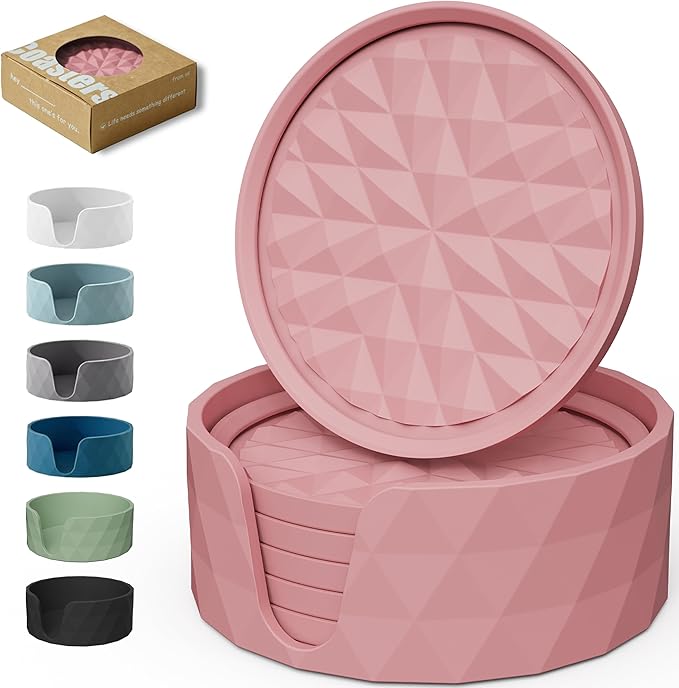 Silicone Coasters for Drinks[6 Pack, Soft Pink] Diamond Design Cup Mat with Holder for Tabletop Protection Non Slip, Non Stick, Coffee Table Decor, Great Gift for Any Occasion