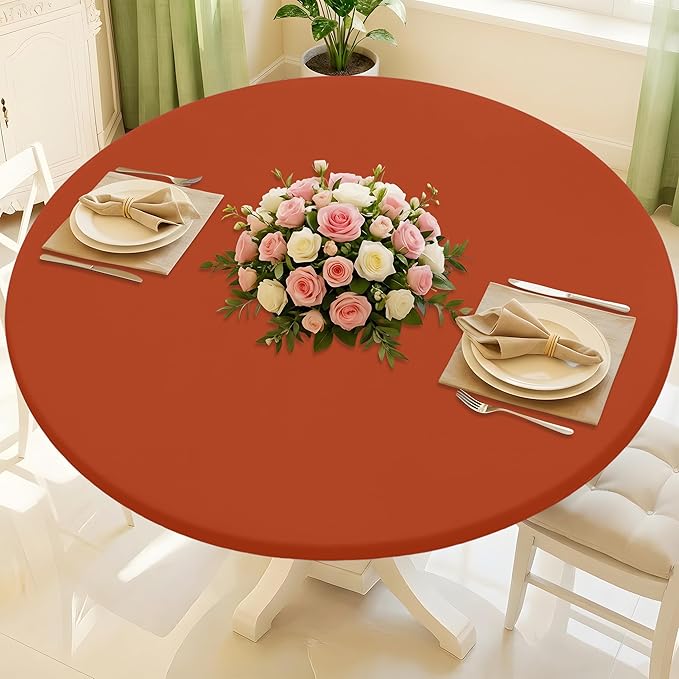 Round Spandex Tablecloth, Elastic Fitted Waterproof Tablecloths for 36"-44" Tables, Stretch Washable Picnic Table Cover for Camping, Dining, Indoor and Outdoor, Rust