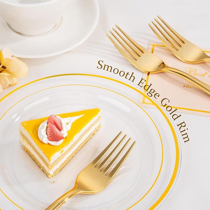 I00000 72 Pcs Clear Plastic Dessert Plates 7.5" & 72 Pcs Gold Disposable Forks 7.4", Clear Small Plates,Nice Dessert Plates,Fancy Salad Plate,Gold Cake Plate for Party, Occasions, Wedding