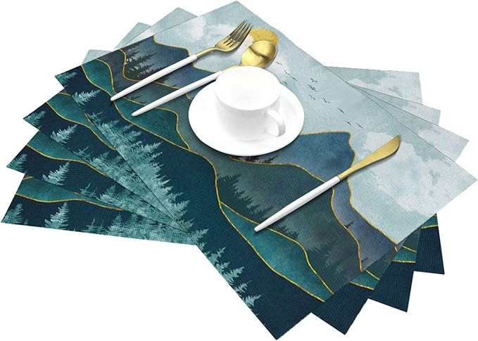 Mountain Peaks Nature Landscape Placemats Set of 4 Linen 12"x18" Washable Heat-Resistant Modern Decorative Kitchen Table Mats for Dining Outdoor Home Decor