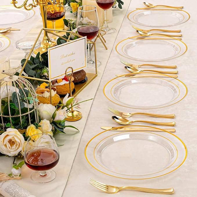 I00000 60PCS Clear Gold Plastic Plates, Clear Plates With Gold Rim 10 Inch,Fancy Disposable Wedding Plate Heavy Duty Plastic Plate for Birthday, Wedding & Party