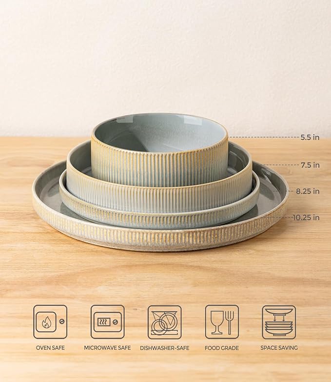 TheTerra Ceramic Dinnerware Sets with Pasta Bowls for 4, 16 Pieces Porcelain Lightweight Plates and Bowls Sets, Scratch Resistant Dish Set, Oven & Microwave & Dishwasher Safe, Desert Sage