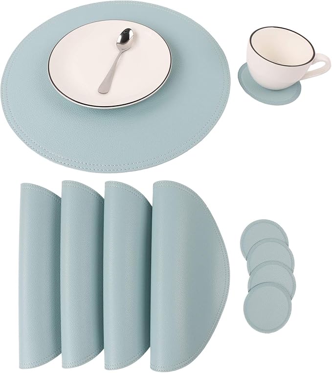 Faux Leather Round Placemats and Coasters, Coffee Mats Kitchen Table Mats, Waterproof, Easy to Clean for Kitchen Dining Round Table, Set of 4