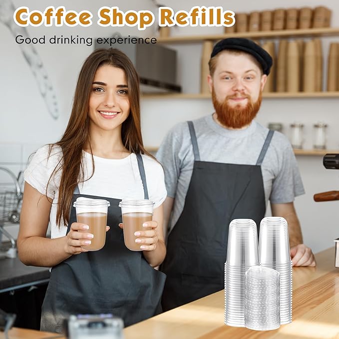 50 Sets 16 oz Clear Plastic Cups with Strawless Sip Lids, Thickened Clear Disposable Plastic PET Crystal Cups for Iced Coffee, Smoothie, Cold Beverage, Drink Shops and Party Catering