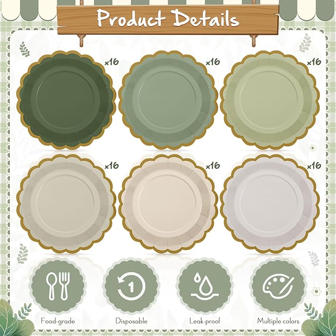 96 Pcs Sage Green Paper Plates 9 Inch Gradient Scalloped Paper Disposable Dinner Dessert Plates for Birthday Wedding Bridal Party Supplies, 6 Colors