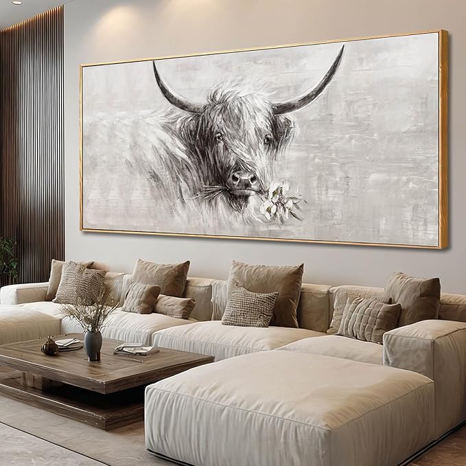 Framed Extra Large Gray Gold and White Cow Canvas Wall Art with Flower Modern Farmhouse Animal Poster for Living Room Bedroom Office Wall Decor 40x88 Inch