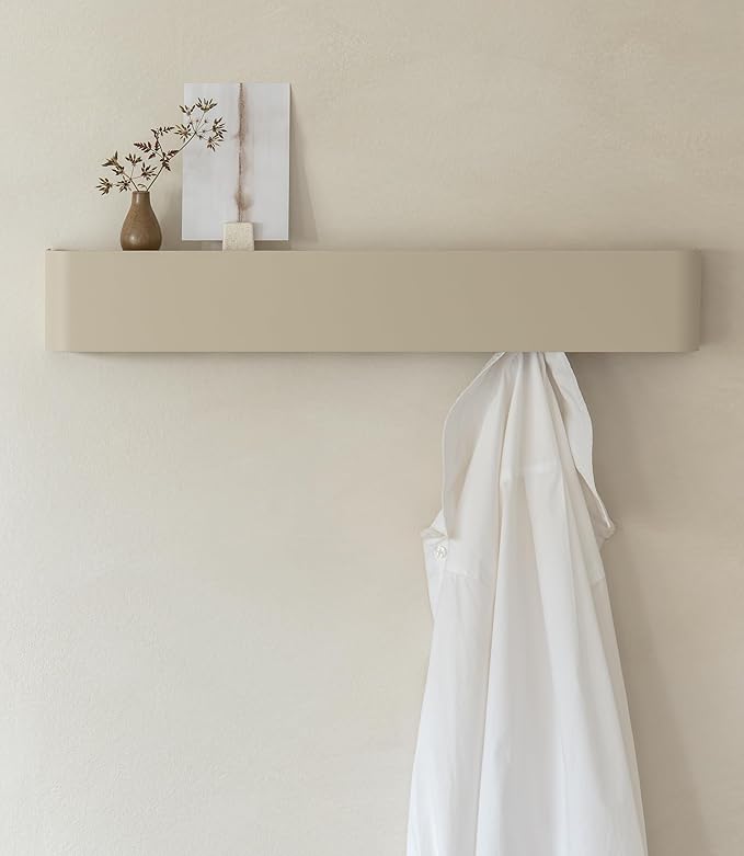 Kazai.® Coat Rack Wall Mount with Shelf 'Tone' | Modern Design Coat Hanger with Hidden Hooks and Storage | Hat Rack with Shelf in Metal | Wall-Mounted Purse Organizer | Taupe
