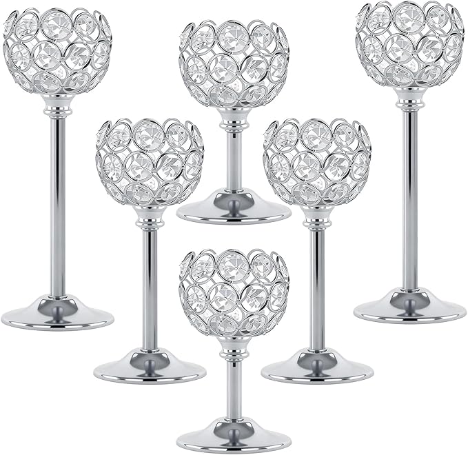 Crystal Metal Tealight Candlestick, Bling Bowl Candelabras, Tall Crystal Candle Holders Elegant Candle Centerpiece for Dining Table Wedding Home Mantel Decor (Silver, 2 Sets(6 Pcs))