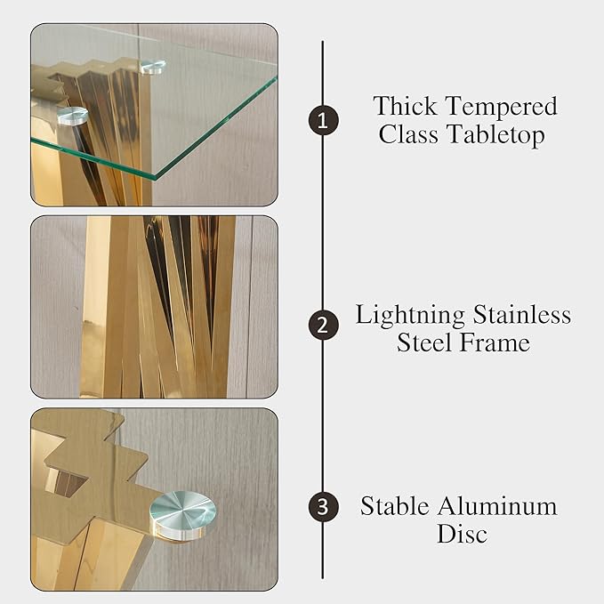 70" Glass Dining Table,Gold Dinner Room Glass Table for 6 8,Modern Kitchen Dinner Table with Stainless Steel Base and Clear Tempered Glass Top for Living Dining Room
